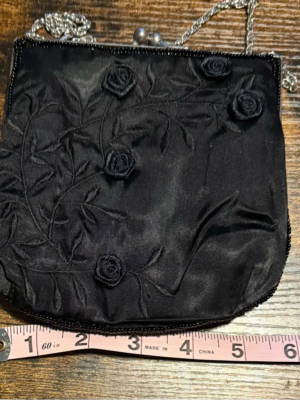 Black Satin Embroidered Rosette Kisslock Coquette Y2k Evening Shoulder Chain Bag